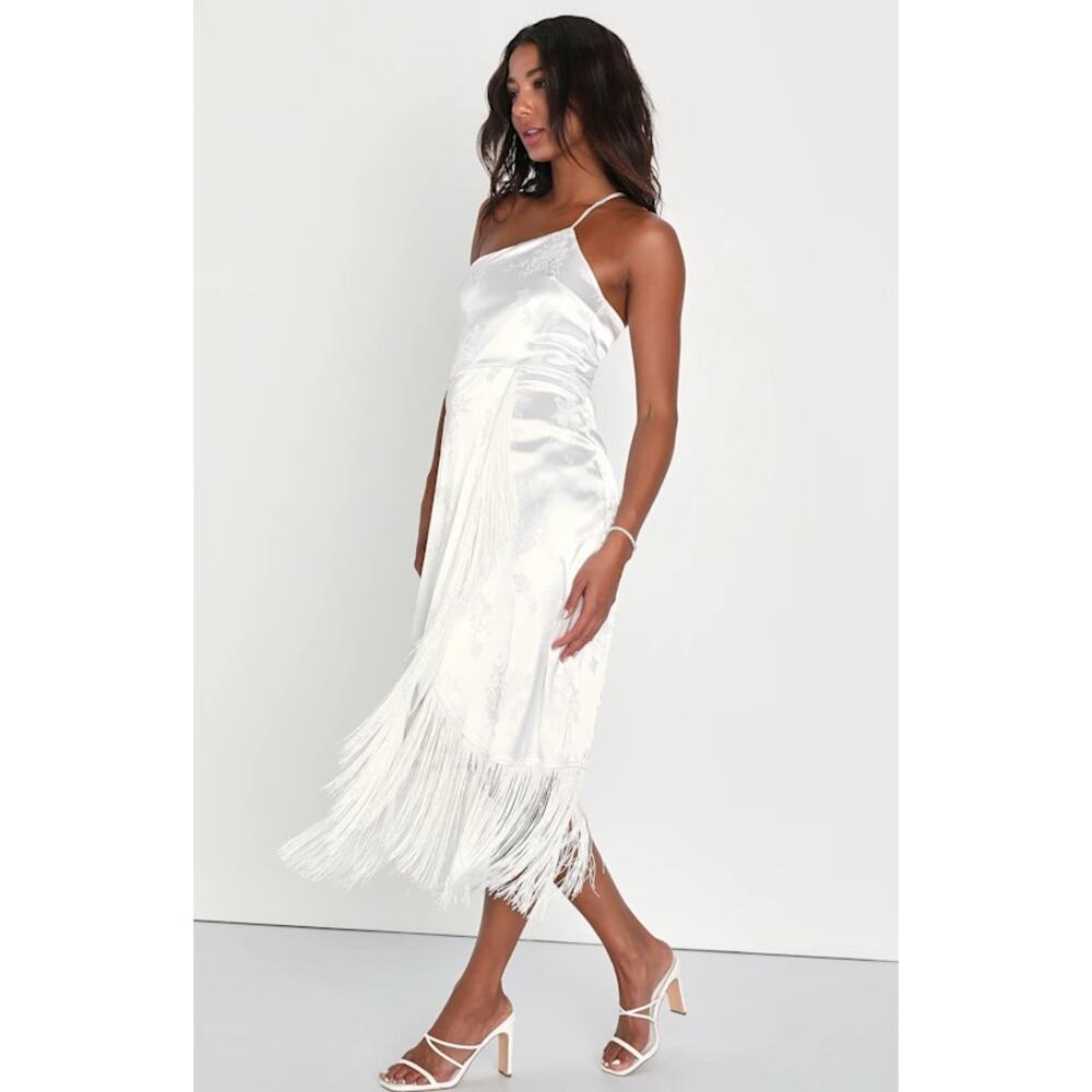 Lulus On the Dancefloor White Jacquard Fringe One-Shoulder Midi Dress - Picture 2 of 8